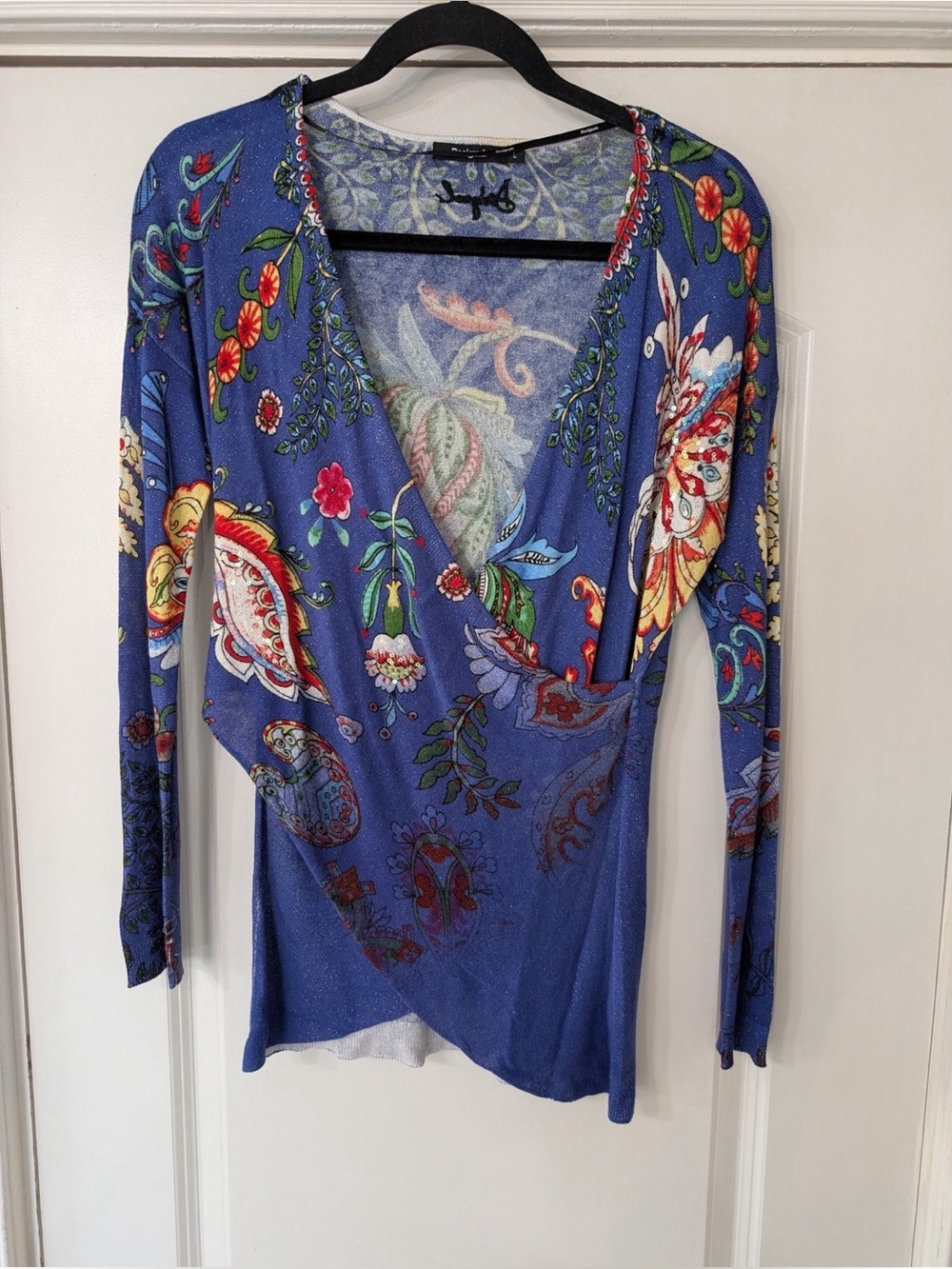 Desigual Blue Floral Paisley Sequin Wrap Front Metallic Knit Top
